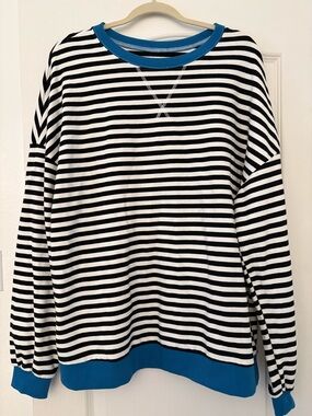 Striped Black & White Pullover with Blue Trim - Women's Top